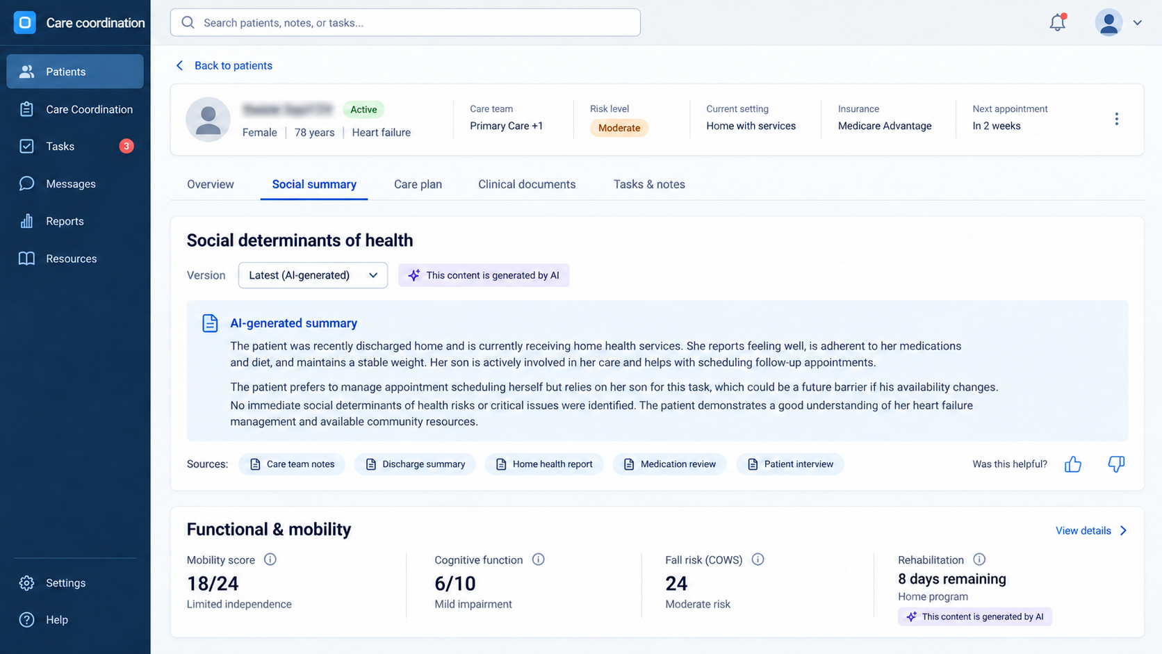 An anonymized portfolio-safe recreation of the Ascension AI-assisted social-summary workflow